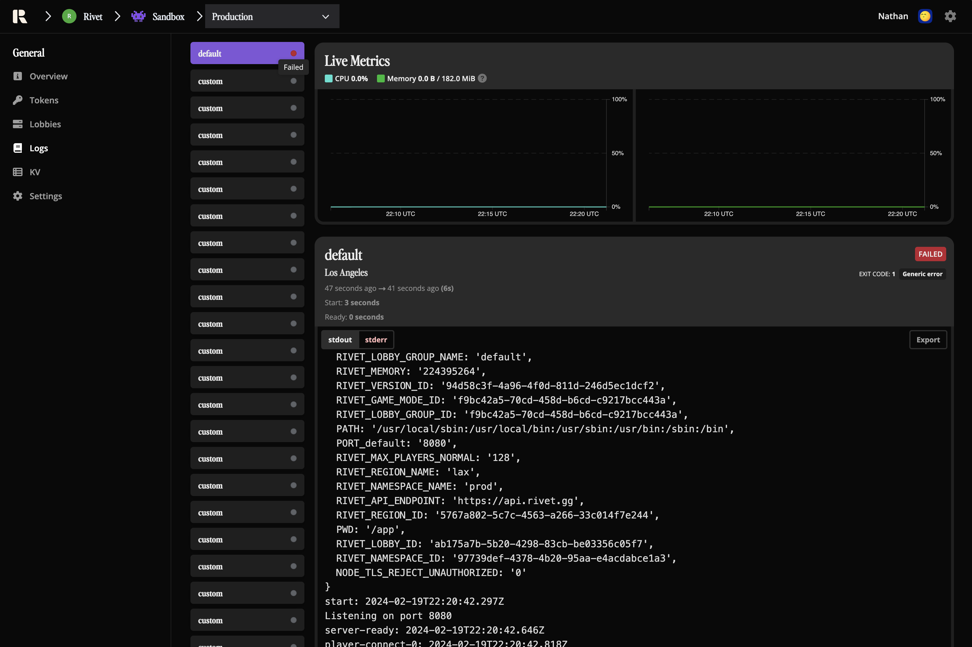 Dashboard for crashed lobby